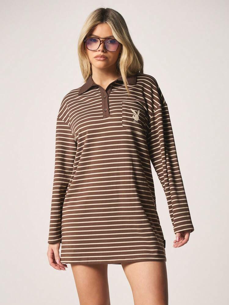 Missguided x Playboy Striped Polo Mini Dress Long Sleeve Collared Button Front Casual Fall Winter Preppy Rugby Style Short Dress