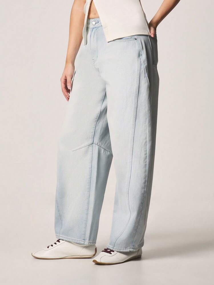 MISSGUIDED Cinched Waist Barrel Jeans High Rise Wide Leg Denim Pants With Relaxed Fit And Light Wash Finish For Casual Everyday Wear