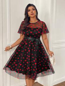 Femmeverse Heart Print Sheer Zipper Waist Dress, Princess Style Short Sleeve Dress For Women, Valentine's Day Ribbon For Wedding,Party - Multicolor - View 4