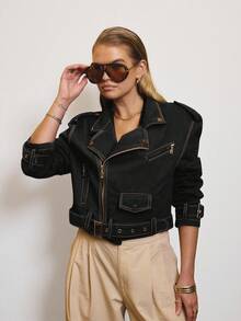 Aralina Chaqueta corta de mezclilla de motociclista con detalles de ribete dorado, para invierno/verano - Negro - Ver 5