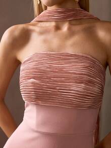 MOTF Soiréza 优雅修身无肩带长款派对礼服 – 可拆卸领子，胸前褶皱鸡尾酒裙 | 适合婚礼、晚宴和新年夜等场合，女士之选 - 粉色 - 查看 3