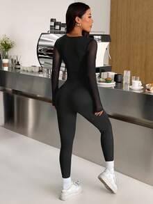 SHEIN EZwear Bộ áo liền quần dài tay cổ vuông phối lưới thời trang dành cho nữ, thích hợp cho mùa thu. - màu đen - Xem 4