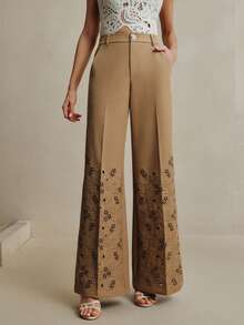 Anewsta Khaki High Waist Loose Straight Leg Pants With Embroidery, Elegant Style, Spring/Summer - Khaki - View 4