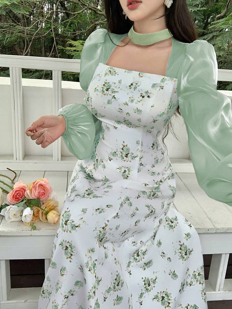 Feyla Women's Floral Print Lantern Sleeve Hollow Out Design Elegant Mid-Length Dress Garden Dress Green And White Dress Milkmaid Dress Cottagecore Dress Floral Dress - Pastel Green - View 6