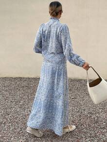 DAZY 女士优雅花卉刺绣荷叶边领衬衫和半裙两件套，春夏款 - 藍色 - 查看 2