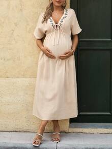 SHEIN Maternity Dress With Embroidered V-Neck, Front Tie Bow, A-Line Hem And Pockets, 100% Cotton Long Dress - Apricot - View 4
