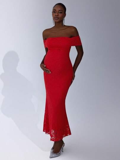 Cheriluna Maternity 优雅孕妇蕾丝露肩鱼尾修身写真连衣裙