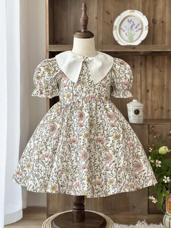 LMoss Kids LMoss A 小碎花洋裝配彼得潘領，適合年輕女孩，休閒時尚，適用於春夏季