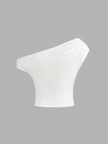 SHEIN Teen Girl Casual Vacation Daily Off Shoulder White Base Blue Floral Print Snug Fit T-Shirt Top - White - View 2