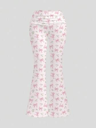Kawaii Pantalones de mujer con volantes, lazo en la cintura, decoración de corazón y pernera acampanada, color rosa dulce, para primavera/verano