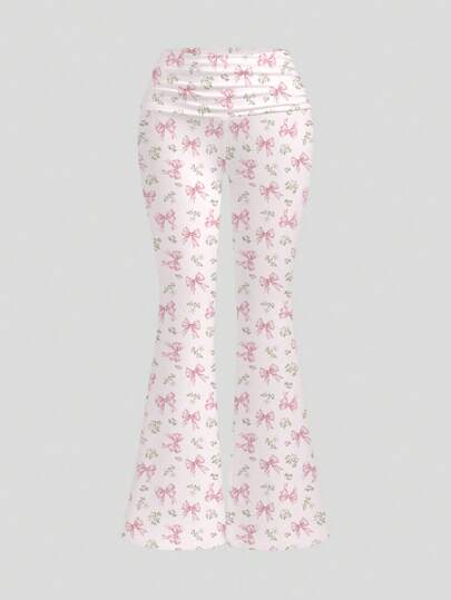 Kawaii Pantalon évasé pour femmes avec nœud rose mignon, volants à la taille et décor en forme de cœur, printemps/été