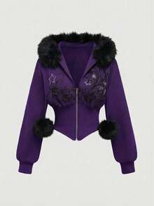 ROMWE Grunge Punk Áo nỉ có mũ kiểu dáng retro Y2K Subculture với họa tiết da báo, hoa văn cổ điển và đính đá lấp lánh dành cho nữ. - Màu tím - Xem 4