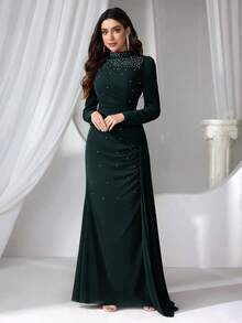 Coutiva 女士立领仿珍珠装饰长款晚礼服 - 墨綠色 - 查看 6