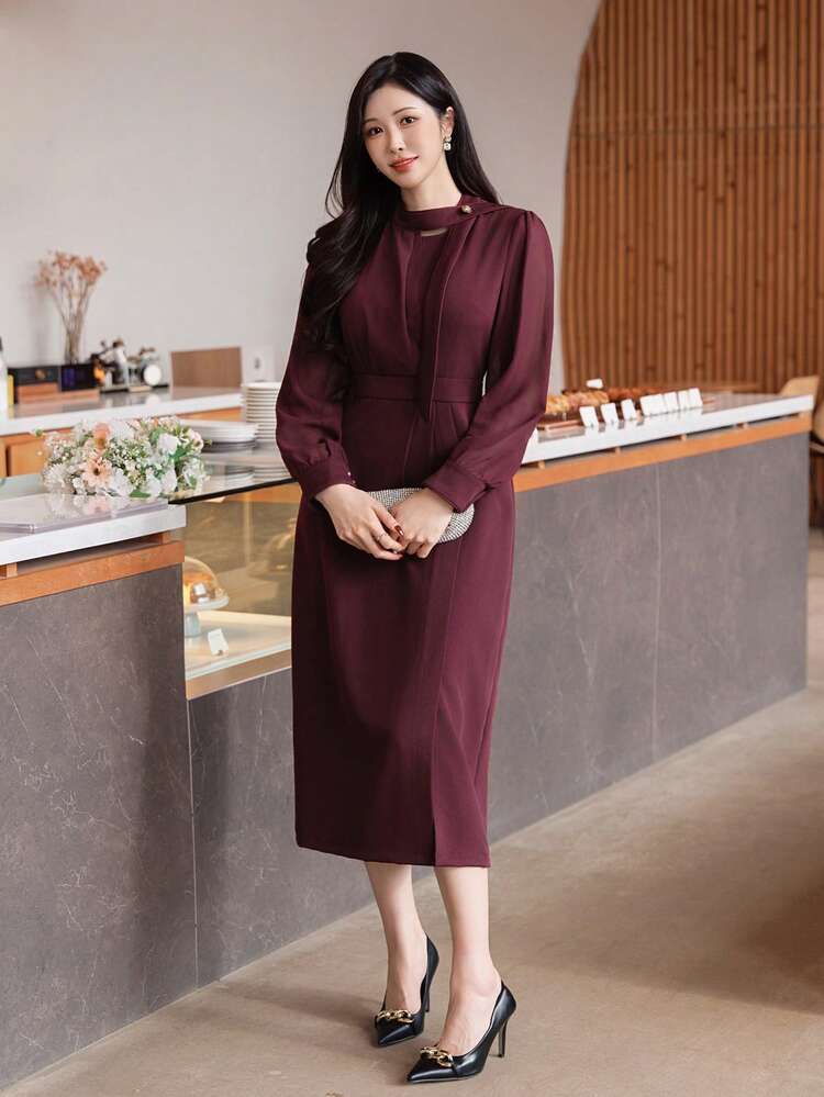 Women's Contrast Color Splice Chiffon Cinched Waist Neck Commuter Intellectual Long Dress Sundress