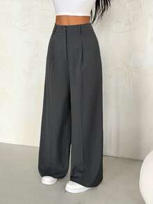 SHEIN PETITE Women's High Waist Pleated Wide Leg Loose Casual Pants, Spring - Grey - View 5