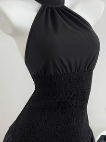 Elamini Vestido mini con cordón en la cintura, cuello halter, espalda descubierta, fruncido y volantes en el bajo, en color negro. Elegante y vintage, ideal para vacaciones, uso diario y versátil. Para mujer, primavera/verano - Negro - Ver 4