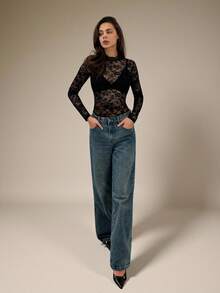 SHEIN Tall Fashionable Sexy Sheer Lace Long Sleeve Bodysuit Lace Body Suit Black See Through Dress - Black - View 11