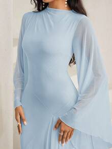 Veilorie Asymmetric Hem Ruched Oblique Collar Elegant Mustard Yellow Flare Sleeve Dress - Baby Blue - View 7