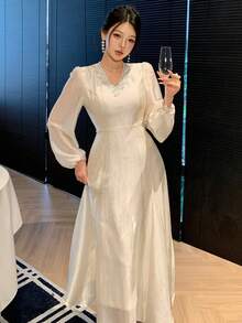 DAZY Women's Elegant Solid Color Lace Patchwork Puff Sleeve Long Dress, Spring/Summer Wedding Guest Dress Sundress - Beige - View 4