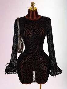 Amplova 女士迷你连衣裙，豹纹植绒，性感露背，透视网纱袖，前开衩，秋冬款 - 黑色 - 查看 9