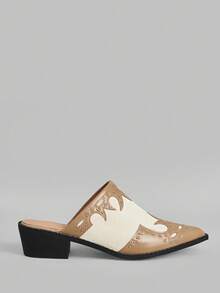 Ontre Women's Pointed Toe Contrast Color Fashion Versatile High Heel Mules - Khaki - View 1