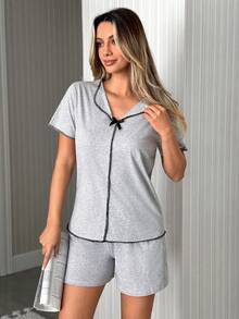 SHEIN Contrast Binding Bow Front Lounge Set Sleepwear For Women Short Set Lounge Short Sets For Women Pajamas Women Set Short Womens Short Sets Summer Sleepwear Sets - Grey - View 7