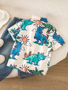 SHEIN 1pc Young Boys Casual Collegiate Comfortable & Fashionable Practical Soft Cartoon Dinosaur Print Short Sleeve Shirt, Suitable For Daily Wear, School, Outings, Spring/Summer