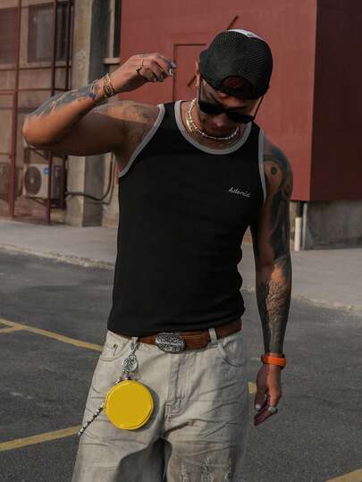 DAZY Street Style Slim Fit Men's Tank Top With Black & White Trim And Letter Embroidery Design, Summer