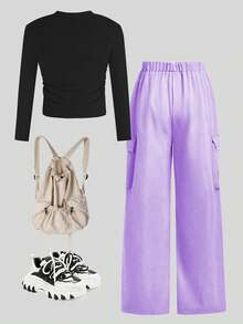 SHEIN ChillGRL Bộ 2 món: Áo in hình nhóm nhạc nữ thần tượng + Quần cargo màu tím, Áo dài tay và quần cargo ống đứng cho bé gái tuổi teen, phong cách thời trang đường phố, phù hợp cho mùa xuân/hè. - màu đen - Xem 4