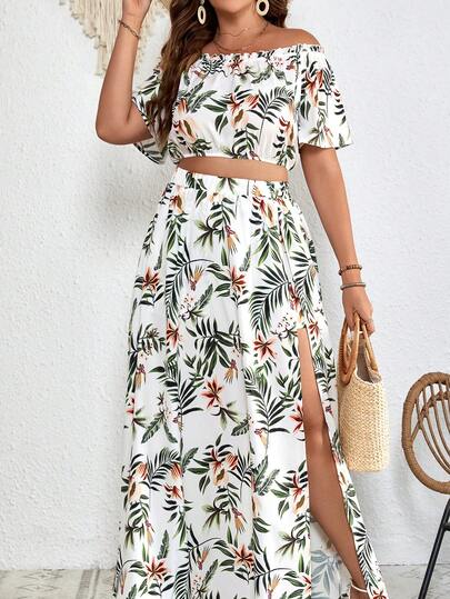 SHEIN VCAY Plus Summer Boho Tropical Print Off Shoulder Crop Top & Split Thigh Skirt,Holiday Outfits Boho