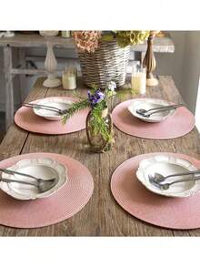 Woven Round Placemats, 4-Piece/6-Piece Set, Washable, Non-Slip Woven Placemats, 15 Inches, Suitable For Family Gatherings, Wedding Parties (Pink). - Pink - View 3