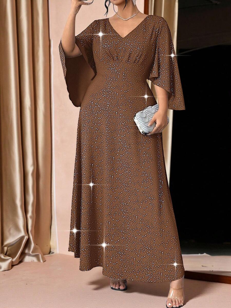 Cravure Đầm dự tiệc cỡ lớn thanh lịch đính sequin, cổ chữ V, eo thon. - màu nâu - Xem 1