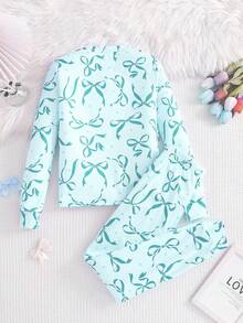 Tween Girl Butterfly Print Leggings And Long Sleeve Top Pajama Set - Mint Blue - View 2