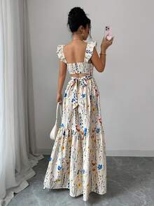 SHEIN Elenzya 女士方领蝴蝶袖连衣裙，时尚印花，露背腰带设计显瘦，优雅度假风，适合夏季日常、通勤、约会、晚餐等场合，百搭连衣裙 - 彩色 - 查看 2