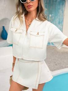 Vivid Eden 女士度假短袖实用口袋休闲牛仔衬衫 - 白色 - 查看 1