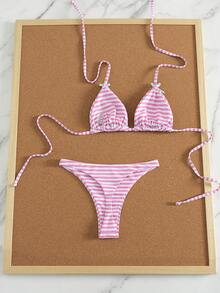 Swim Mod 2pcs Striped Bow Micro Triangle Bikini Set, Sweet & Cute For Women, Beach & Holiday, Spring/Summer - Pink - View 8