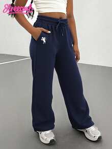 SHEIN Explorewe 少女休闲运动裤，简约logo图案撞色口袋装饰连帽针织慢跑裤，宽松阔腿长裤，秋冬款 - 寶藍色 - 查看 3