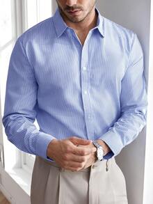 Core Aspect Áo sơ mi dài tay nam dáng casual công sở, họa tiết kẻ sọc, thích hợp cho mùa xuân/thu. - Màu xanh lam - Xem 3