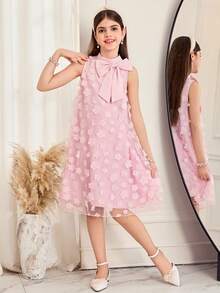 SHEIN Pitira 少女立领网纱碎花休闲宽松吊带连衣裙 - 粉色 - 查看 11