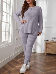 SHEIN Cottnline Plus Size Comfortable Knit Ribbed 2 Pieces Set - Lilac Purple - View 5