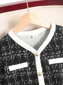 SHEIN Girls' Elegant Black And White Plaid Button-Up Short Sleeve Top And Matching Pants Set,Knit Print 2-Piece Outfit For Tea Party,Autumn Casual/Commute - Black and White - View 4
