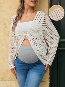 SHEIN Maternity Solid Color Twist Hollow V-Neck Fashionable Long Sleeve Sweater - Apricot - View 1