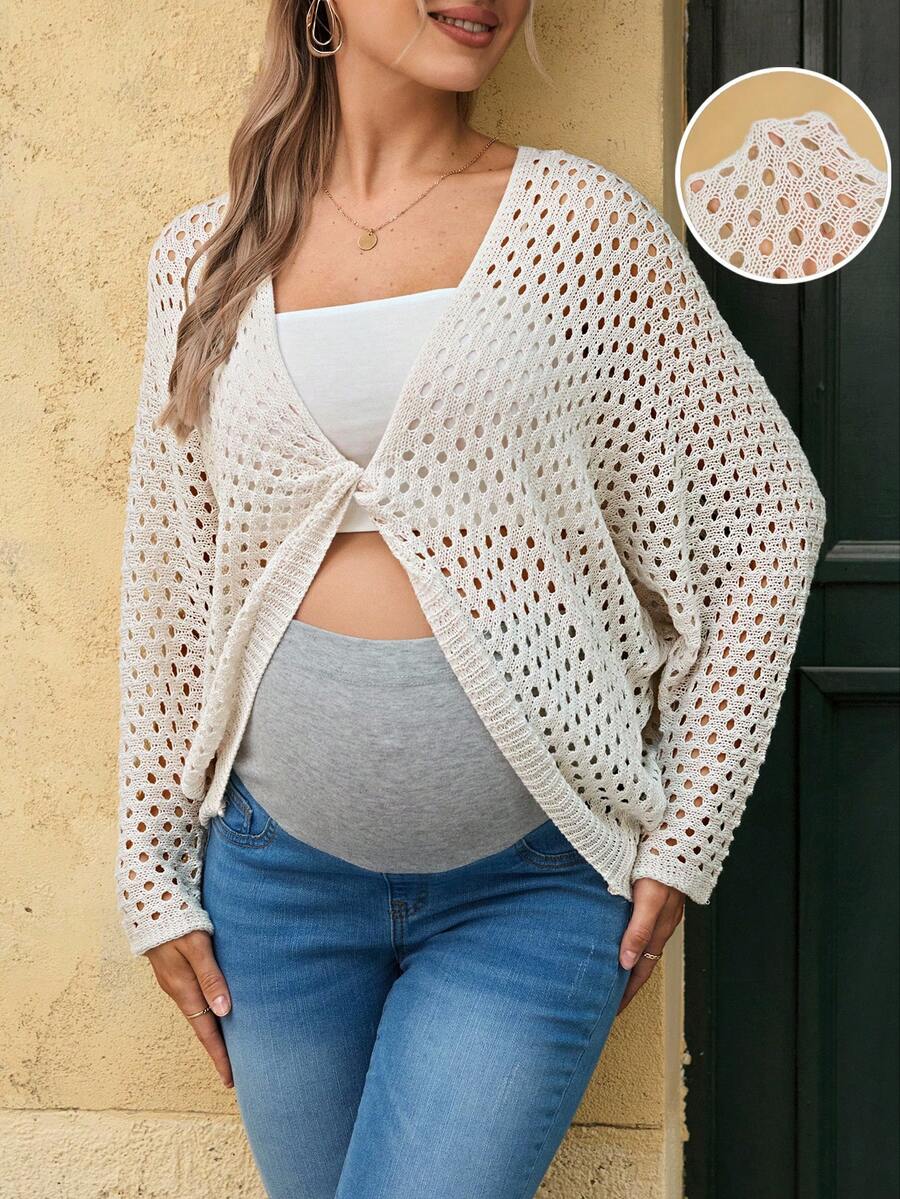 SHEIN Maternity Solid Color Twist Hollow V-Neck Fashionable Long Sleeve Sweater - Apricot - View 1