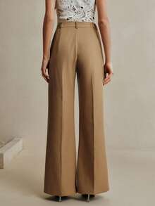 Anewsta Khaki High Waist Loose Straight Leg Pants With Embroidery, Elegant Style, Spring/Summer - Khaki - View 3