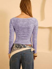 Aralina 女士休闲提花长袖修身短款T恤，适合日常、度假、通勤、春夏穿着 - 紫丁香色 - 查看 2