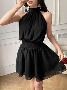 Celisse 黑色立领荷叶边下摆优雅女士迷你连衣裙 - 黑色 - 查看 1