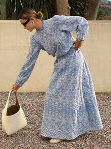 DAZY 女士优雅花卉刺绣荷叶边领衬衫和半裙两件套，春夏款 - 藍色 - 查看 1