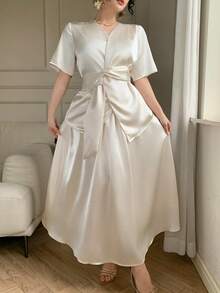 DAZY Conjunto de 2 peças com Blusa Elegante de Cor Sólida com Cinto em V e Saia de Cintura Elástica, Verão Primavera - Bege - Visão 5