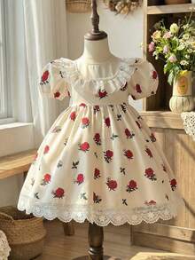 LMoss Kids LMoss Young Girl Ditsy Floral Ivory Casual Dress,Blue Butterfly,Summer,Traditional,Wedding,Round Neck Ruffle Hem Lace Trim Red Roses Tea Party Dress - Multicolor - View 7