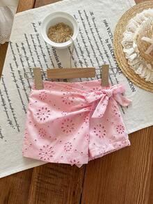 SHEIN LMoss Kids Babygirl Cute Summer Versatile Pink Floral Embroidery Elastic Waist Shorts - Pink - View 3